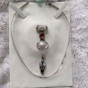 Silver choker necklace w 2 pendants pearl and gemstones